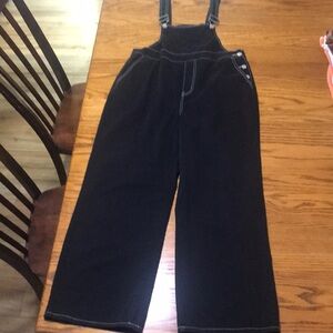 Wide Legged Black Overalls with Button Detail and White‎ Stitching